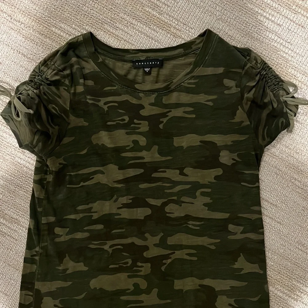 Sanctuary Green Camo Ruched Sleeve T-Shirt Dress - Picture 4 of 7